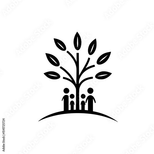 Black icon representing family under a tree, symbolizing unity and growth, ideal for community or family-oriented themes