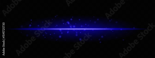 Blue horizontal light beam with glowing dust particles and intense aura on transparent background. Dynamic sci-fi flare ideal for energy effects, laser HUDs, or dramatic transitions.