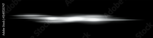 Multiple white light streaks with glowing motion blur on black background. Futuristic laser trails ideal for sci-fi overlays, HUD design, speed effects, or digital transitions.