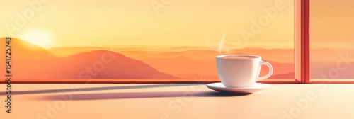 A white coffee cup with a saucer sits on a table in front of a window