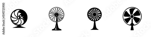 Set of four black icons depicting various types of fans in minimalistic design for use in digital applications or illustrations