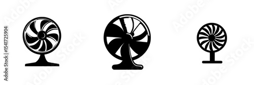 Set of three black fan icons depicting different designs in a minimalist style, ideal for use in graphic design projects