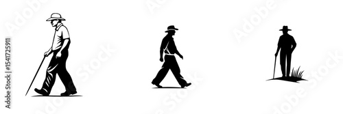 Silhouetted figures of a man walking with a cane during a leisurely stroll in a serene outdoor setting at sunset