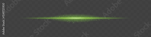 Green light beam with sparkling dust particles on transparent background. Radiant horizontal flare evokes magic, luxury, and cinematic glow ideal for fantasy scenes or festive transitions.