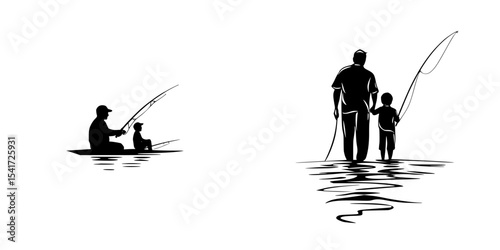 Father and child fishing together on a calm lake during sunset, enjoying a peaceful bonding moment in nature