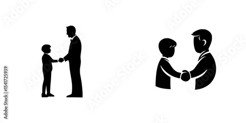 Two silhouettes shaking hands in a formal setting, symbolizing agreement and cooperation between an adult and a child