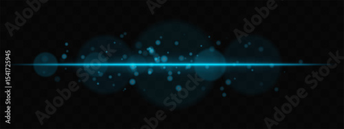 Blue horizontal glow with light particles and lens bokeh on transparent background. Atmospheric sci-fi effect perfect for transitions, digital UI, or dreamy glowing overlays.