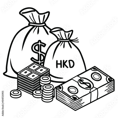 Hong Kong Dollar Stash Bags Filled with Money and Coin Stacks, a Sign of Monetary Wealth