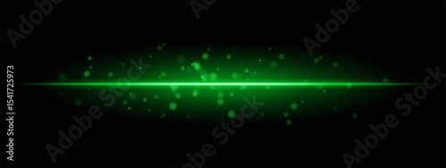 Green horizontal light beam with glowing dust particles and intense aura on transparent background. Dynamic sci-fi flare ideal for energy effects, laser HUDs, or dramatic transitions.