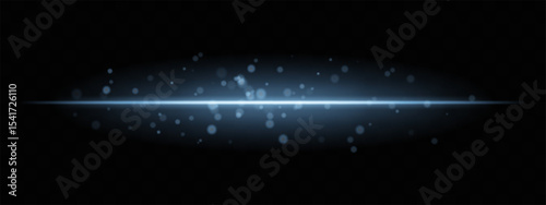 Blue horizontal light beam with glowing dust particles and intense aura on transparent background. Dynamic sci-fi flare ideal for energy effects, laser HUDs, or dramatic transitions.