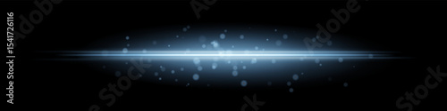 Blue horizontal light beam with glowing dust particles and radiant motion blur on black background. Perfect for fantasy transitions, luxury effects, or magical digital overlays.