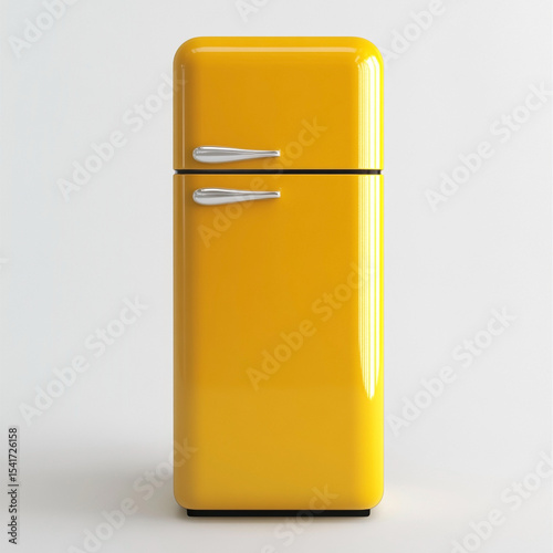 Vibrant yellow retro refrigerator with silver handles against a white backdrop isolated on white perfect for home appliance advertising and design projects