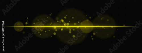 Golden horizontal glow with light particles and lens bokeh on transparent background. Atmospheric sci-fi effect perfect for transitions, digital UI, or dreamy glowing overlays.