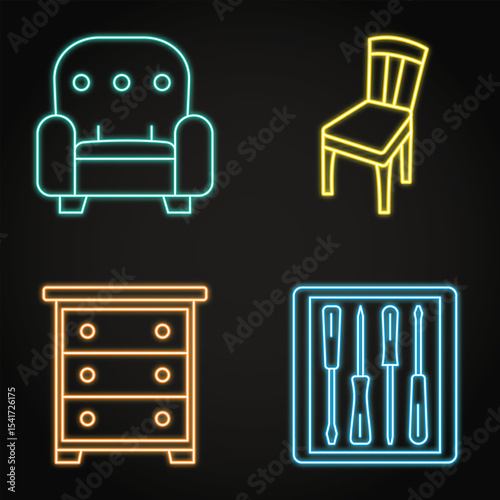 Furniture renovation neon icon set
