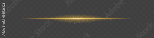 Golden light beam with sparkling dust particles on transparent background. Radiant horizontal flare evokes magic, luxury, and cinematic glow ideal for fantasy scenes or festive transitions.