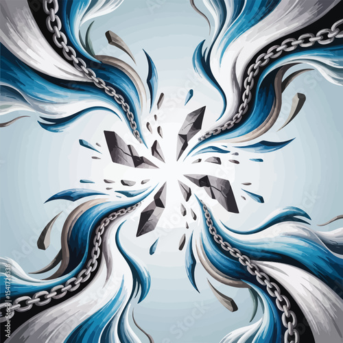 Abstract Blue White Swirling Chains Shattering Grey Stone
