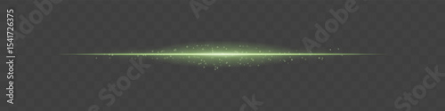 Green light beam with sparkling dust particles on transparent background. Radiant horizontal flare evokes magic, luxury, and cinematic glow ideal for fantasy scenes or festive transitions.