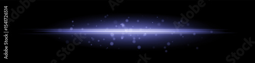 Blue horizontal light beam with glowing dust particles and radiant motion blur on black background. Perfect for fantasy transitions, luxury effects, or magical digital overlays.