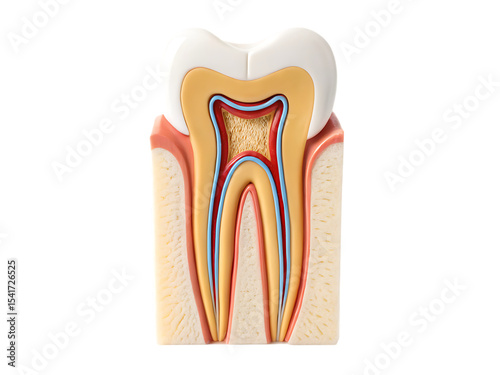 Illustration of a molar tooth cross section showing enamel dentin pulp and root canal on black background