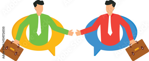 Businessmen Handshake in Speech Bubbles, successful business partnerships, negotiations, agreements,modern aesthetic, Depicts two businessmen shaking hands, deal closed, project launched, 