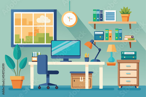 Cozy Home Office Illustration with Natural Light, Organized Shelves, and a Comfortable Workspace for Creative and Productive Pursuits