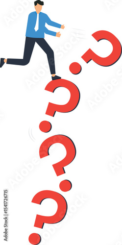 Businessman Jumping Over Question Marks, problem-solving, overcoming challenges,finding solutions, related to business strategy, innovation, and overcoming obstacles, journey of tackling complex issue