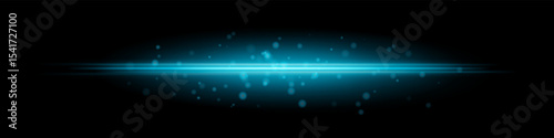 Blue horizontal light beam with glowing dust particles and radiant motion blur on black background. Perfect for fantasy transitions, luxury effects, or magical digital overlays.