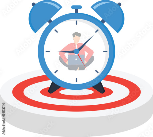 Time Management Productivity, Goal Achievement, Illustrate time management, productivity, goal achievement, urgency precision, meeting deadlines, working diligently, alarm clock, centered target.