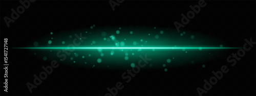 Green horizontal light beam with glowing dust particles and intense aura on transparent background. Dynamic sci-fi flare ideal for energy effects, laser HUDs, or dramatic transitions.