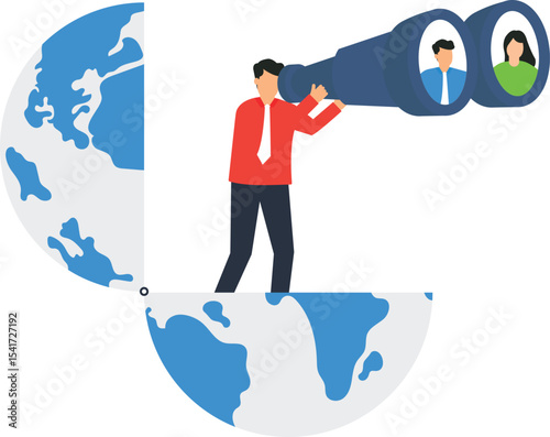 Global Talent Search, global recruitment, strategy marketing materials, using binoculars, scout globe,showcase your company's international reach in talent acquisition,find top-tier employees worldwid