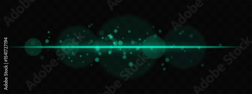 Green horizontal glow with light particles and lens bokeh on transparent background. Atmospheric sci-fi effect perfect for transitions, digital UI, or dreamy glowing overlays.