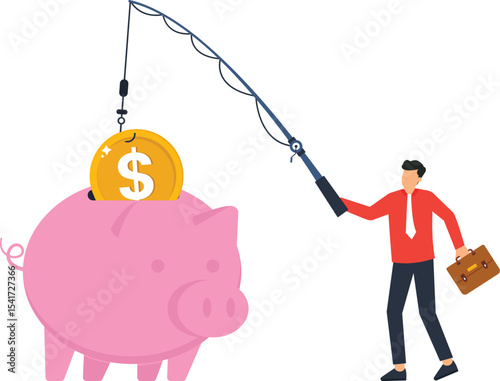 Businessman Fishing for Money from Piggy Bank, businessman skillfully, fishing a gold coin out of a piggy bank, wealth accumulation, marketing materials, related finance, investment, savings, wealth,