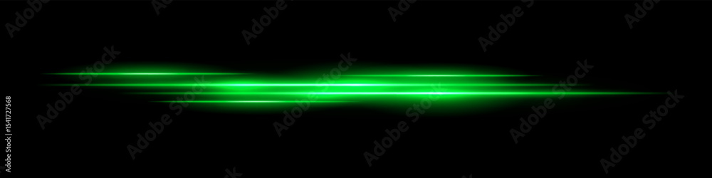 Multiple green light streaks with glowing motion blur on black background. Futuristic laser trails ideal for sci-fi overlays, HUD design, speed effects, or digital transitions.