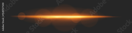 Horizontal light beam with intense glow and lens flare circles on black background. Ideal for cinematic transitions, sci-fi UI effects, or dramatic glowing overlays.