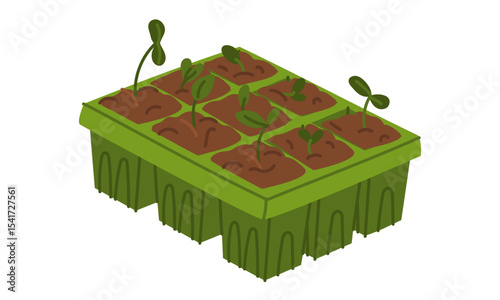 seedling cassette with soil and sprouts. pot for seedlings. Gardening equipment. Flat color illustration. It is suitable for the design of articles and educational materials on gardening and hobbies