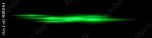 Multiple green light streaks with glowing motion blur on black background. Futuristic laser trails ideal for sci-fi overlays, HUD design, speed effects, or digital transitions.
