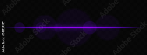 Purple horizontal light beam with soft glare circles on transparent background. Clean cinematic lens flare for sci-fi, tech transitions, or bright glowing UI overlays.