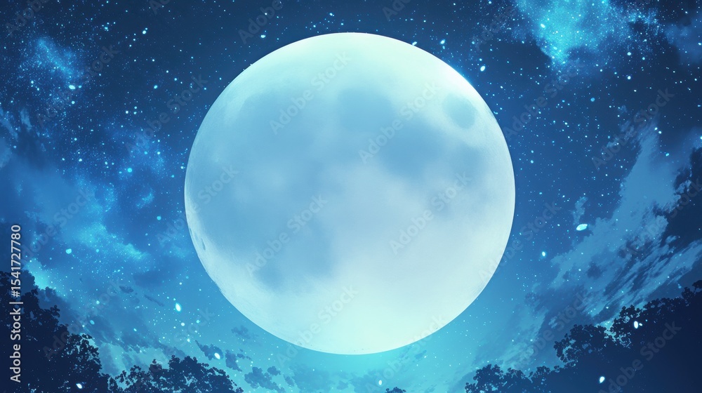 Obraz premium Full Moon Illuminating a Starry Night Sky with Silhouetted Trees
