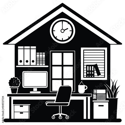 Black and White Home Office Illustration Depicting Work from Home Interior with Desk, Chair, and Window Setting Artwork