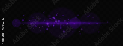 Purple horizontal glow with light particles and lens bokeh on transparent background. Atmospheric sci-fi effect perfect for transitions, digital UI, or dreamy glowing overlays.