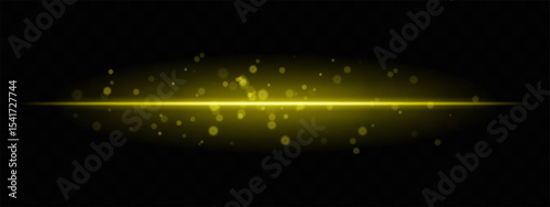 Yellow horizontal light beam with glowing dust particles and intense aura on transparent background. Dynamic sci-fi flare ideal for energy effects, laser HUDs, or dramatic transitions.