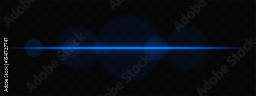 Blue horizontal light beam with soft glare circles on transparent background. Clean cinematic lens flare for sci-fi, tech transitions, or bright glowing UI overlays.