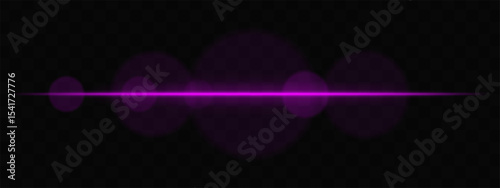 Purple horizontal light beam with soft glare circles on transparent background. Clean cinematic lens flare for sci-fi, tech transitions, or bright glowing UI overlays.