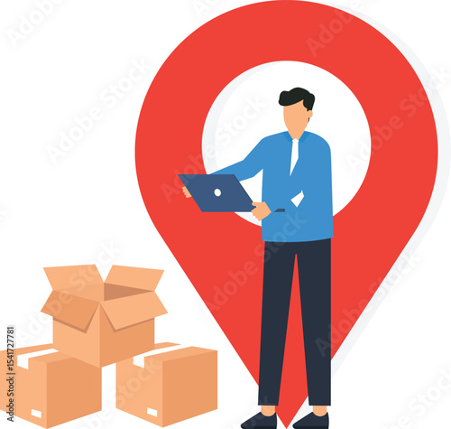 Man with Laptop near Cardboard Boxes & Location Pin, businessman, laptop, cardboard boxes, location pin, related to e-commerce, online shopping, delivery services, logistics, supply chain management,