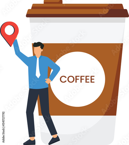 Businessman Holding Location Pin Near Giant Coffee Cup, promoting coffee shops, cafes, or coffee brands,  location-based services, coffee shop promotions, finding nearby coffee. 