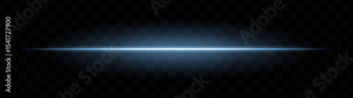 Blue horizontal light beam with soft glow and vibrant aura on transparent background. Futuristic laser stripe ideal for energy effects, sci-fi transitions, or glowing overlays.