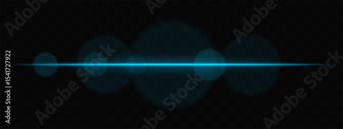 Blue horizontal light beam with soft glare circles on transparent background. Clean cinematic lens flare for sci-fi, tech transitions, or bright glowing UI overlays.