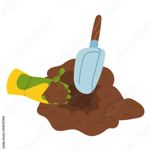rubber-gloved hand holds seedling for planting with deep scoop. Gardening tools. Flat color illustration. It is suitable for the design of articles and educational materials on gardening and hobbies.