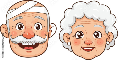Cute cartoon illustration of happy elderly man and woman faces, smiling grandparents avatars, senior characters isolated on white background for family, health, care themes