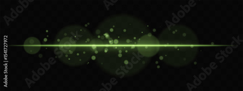 Green horizontal glow with light particles and lens bokeh on transparent background. Atmospheric sci-fi effect perfect for transitions, digital UI, or dreamy glowing overlays.